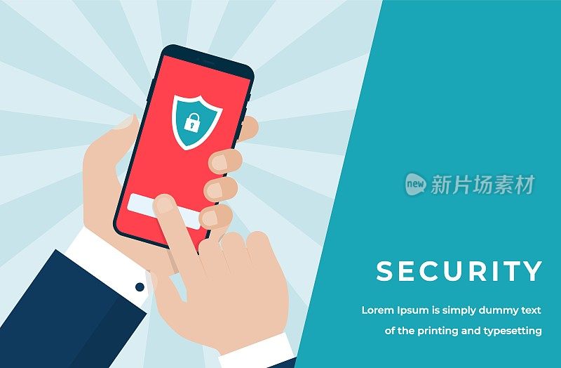 Mobile Security Concept with Businessman Hand Holding a Smartphone with Lock and Shield on a Shining Background.